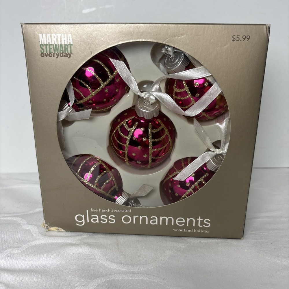 Martha Stewart 5 Glass Ball Christmas Ornaments Pink Magenta Gold Glitter  W/Box